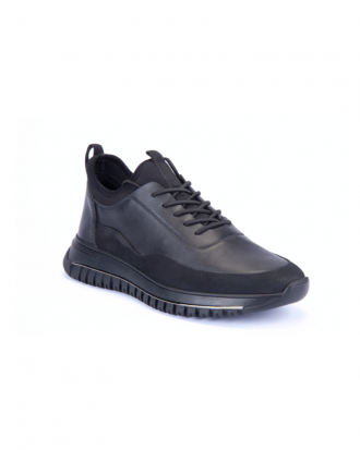 Black leather and fabric men's sneakers with a thick sole