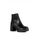 Black ankle-height faux leather booties with block heel and platform sole